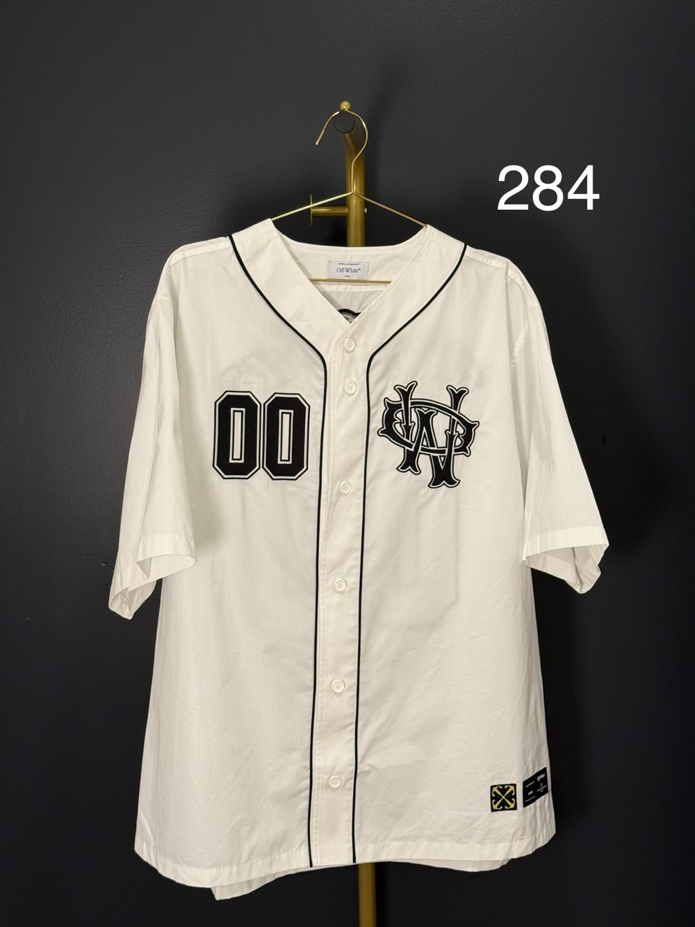 Off-White White Baseball Jersey with Black Piping and Emblem
